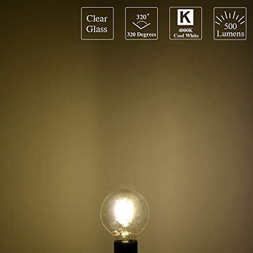 Mastery Mart Dimmable Vintage LED Globe Light Bulb, G25 Glass Edison Style, 5.5W (75 Watt Equivalent), 4000K Cool White, E26 Decorative Filament Bulb, Bathroom& Vanity Mirror, UL, Energy Star, 6 Pack