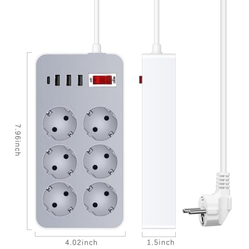 Multiprise, 4 Ports USB (3 USB A + 1 USB C) et 6 Prises de Courant avec Protection Contre Les surtensions Prise de câble d\'extension de Charge pour différents modèles - Câble de 1,2 m - Gris