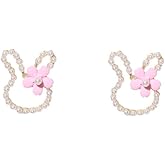 ONLYJUMP Easter Tiny Rabbit Stud Earrings for Women Cute Pink Daisy Flowers Hollow White Shell Pearl Sweet Bunny Animals Pet Small Earrings Jewelry Gifts