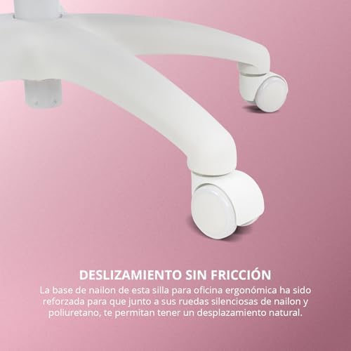 DRAIR35 – Silla Escritorio Ergonómica Oficina y Hogar de Malla tensada Transpirable, Reclinable 90-120°, Reposacabezas y Reposabrazos Abatibles, Soporta hasta 120 kg, Rosa-Blanco