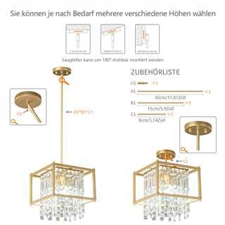 ZPBSJ Modern Kitchen Industrial Lighting Farmhouse Pendant Lamp Metal Gold Crystal Pendant Lamp Used for Entrance Bedroom Balcony Kitchen Island (Square 1-Light)