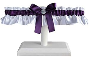Eggplant and white satin wedding garter with iridescent flower and rhinestone, Eggplant prom and wedding lingerie, Toss or ke