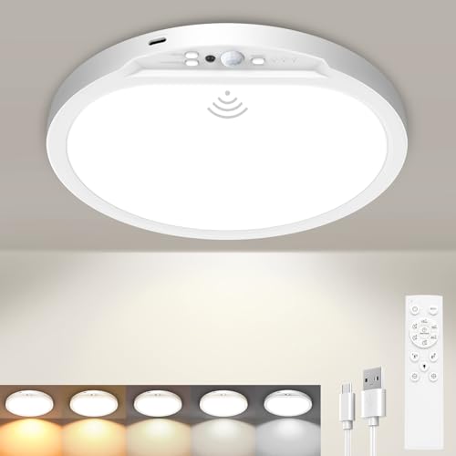 slochi Rechargeable Motion Sensor Ceiling Light, 8000mAh 5 Color Ceiling Lights Battery Operated Magnetic Wireless with Remote, Dimmable&Timer Sensor Lights for Hallway Cupboard Loft Garage-20CM