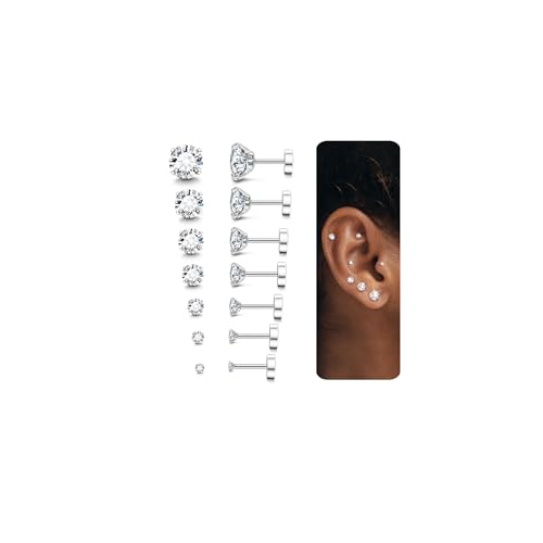 LOLIAS 7 Pairs 20G Hypoallergenic Stud Earrings for Women Men Flatback Earrings Stainless Steel Cubic Zirconia Earrings Piercing Ear Cartilage Earrings