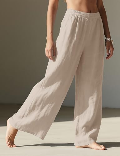 Rapbin Linen Trousers Womens Wide Leg Pants for Women UK Ladies Summer Casual Elasticated Waist with Pockets