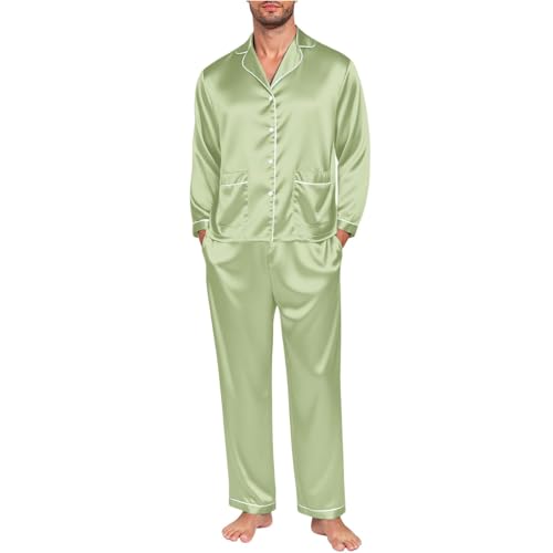 Rtdyvyuhb Men Summer Pajamas Set Satin Silk Pajama Sets Pjs Long Sleeve Sleepwear Button Down Pj Soft Two Piece Loungewear Light Green at Amazon