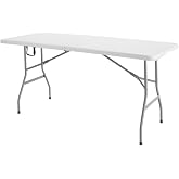 Romig Trestle 5 ft Folding Table, Blow Mold Plastic Top, Fold-in-Half with Carry Handle, Heavy-Duty Steel Frame, 60 x 29 x 29, White
