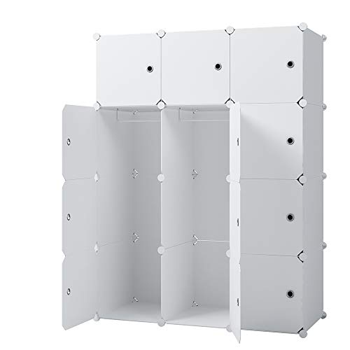 KOUSI Portable Closets Wardrobe Closet Wardrobe in Closet Armoire Wardrobe Closet Bedroom Armoire Room Closet with Doors Storage Organizer with Doors, White, 10 Cubes&2 Hanging Section