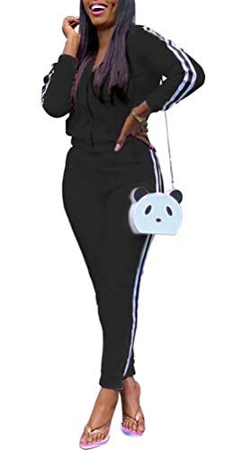 Women Two Piece Hooded Tracksuits Striped Jacket and High Waist Leggings Suit Worksuit Activewear Sets Black XL