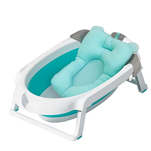 Baby Badewanne, Faltbare Badewanne Baby, Babybadewanne mit Babywannenkissen Rutschfest, Babywanne für Baby und Neue Mutter, Baby Wanne mit 30 Litern Volumen, Türkis Grün Blau, Baby Dusche Geschenk