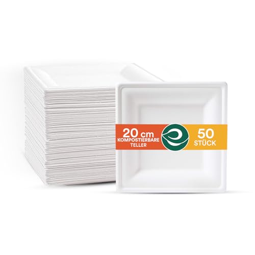 Eco Soul 20 Cm (8 Zoll) Weiße Quadratische Einwegteller [50 Stück] | Kompostierbare Bagasse-Teller Aus Zuckerrohr | Umweltfreundlich, Biologisch Abbaubar, Stabil &Amp; Plastikfrei