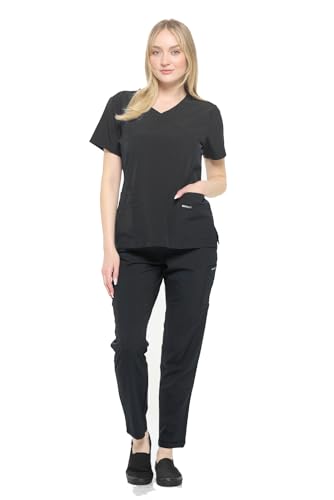 Dagacci Medical Uniform Women's Fitted 4-Way Stretch Y Neck Natural Stretch Scrub Set, Black, XL at Amazon
