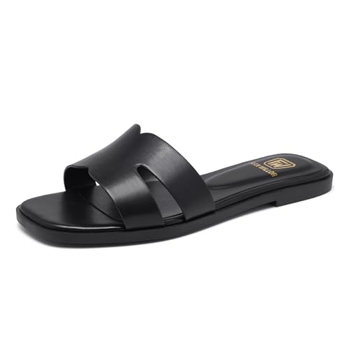 FW FRAN WILLOR Women's Flat Sandals Dressy Comfortable Slide Sandals Fashion Square Open Toe Slip On Beach Sandals for Summer