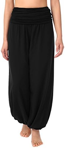 Slivexy Women's Casual Floral Printed Elastic Waist Boho Harem Pants Large Solid Black