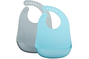 GODR7OY Silicone Bibs, Waterproof Soft Bibs for Babies & Toddlers, Baby Bibs Adjustable for 6-27 Months Eating, 2 Pack Stain Resistant Silicone Baby Bib