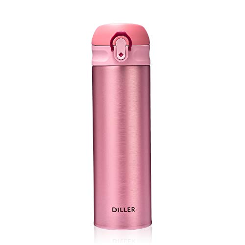 DILLER Vacuum Insulated Water Bottle,Stainless Steel Thermal Coffee Travel Mug BPA-Free Thermos Flask ,Keeps Cold 24H, Hot 12H,17 oz (pink)
