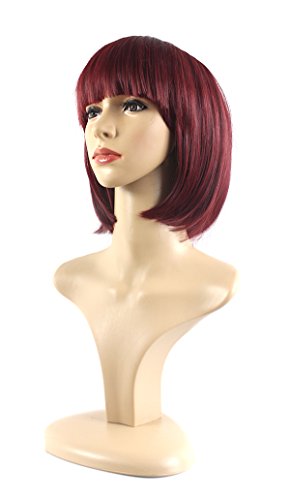 Xiaoyu Flat Bangs Natural Short Straight BOB Ladies Cosplay Wigs - Red Wine