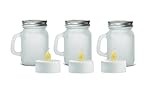 3 Piece Mini Mason Jar Tealight Set Warm Flameless Flickering LED Tea Lights Battery Operated - Frosted Glass Jars With Light Up Star Lids