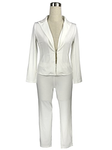 Tracksuit Women Long Sleeve Blazer Jacket Coat and Pants 2 Piece Set Suit Slim Fit Bussiness Coat and Pants Set White Medium - Thumbnail 2