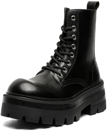 Men\'s Black Leather Lace-up Platform Combat Boots Chunky Heel Lug Sole Ankle Men main image 2