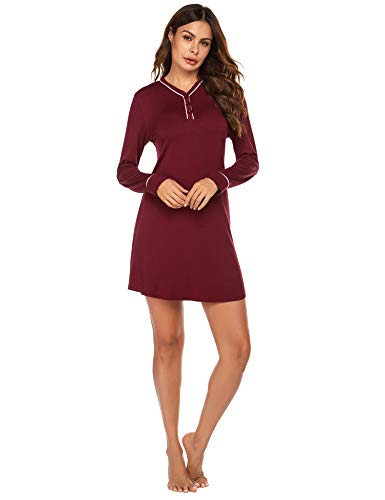 Nachthemd Damen Langarm Schlafshirt Grau für Damen Nightgown Boyfriend Stillen Sleep Shirt mit Button-up Reverskragen… – Bild 3