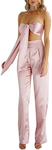 Womens Sexy Satin Wrap Chest Sleeveless 2 Piece Set Jumpsuit Nightclub Wide Leg Jumpsuit