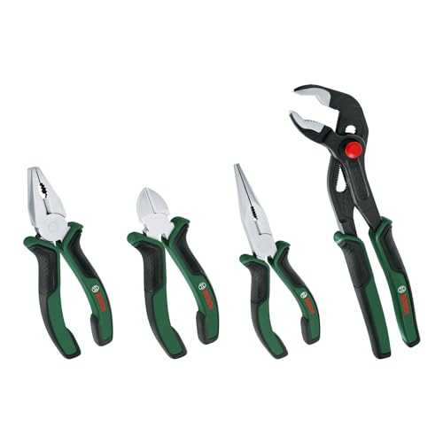 Bosch Zangen-Set, 4-teilig (hochwertige, präzise, langlebige Zangen: 160mm Seitenschneider, 180mm Kombinationszange, 180mm Spitzzange, 250mm Wasserpumpenzange; ergonomischer Softgrip)