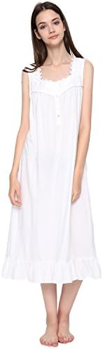 Game Of Love Women's Cotton Long Sleeveless Victorian Nightgown Sleepwear S-XL,White,Small
