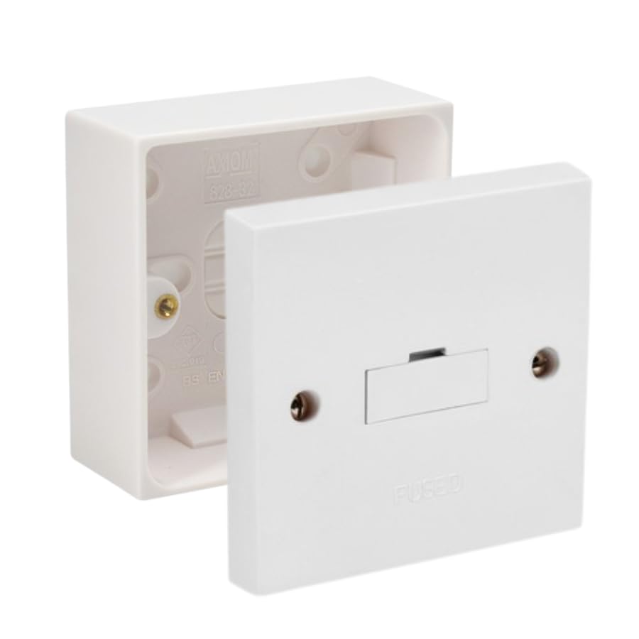 Fused Spur Side Flex 13Amps White Electrical Connection Unit - Optional Neon Indicator, Single 25/35/45mm Pattress Back Box Surface Mounted 1 Gang (Fused Spur SET 35mm Box)