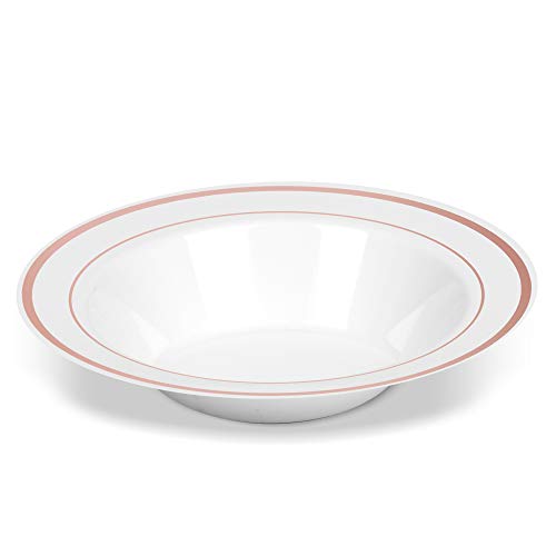 50 Disposable White with Rose Gold Trim Plastic Soup Bowls 14 oz