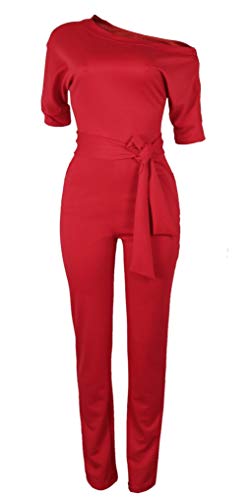 VLUNT Womens Elegant Solid Off Shoulder High Waisted Jumpsuit Romper with Belt for Party Club