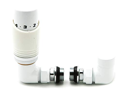 Reina Modal Modern Thermostatic Radiator Valves + Lockshield 1/2" x 15mm - White, Corner