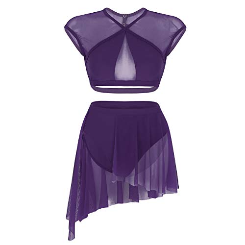 inhzoy Women's 2 Pieces Sheer Mesh Asymmetric Contemporary Dancewear Crop Tops with Short Skirt Set Purple X-Large
