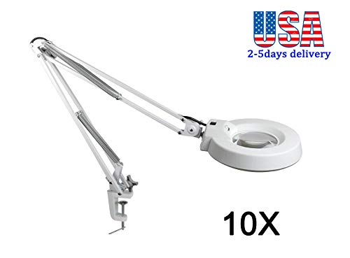 Zinnor 10X Desk Table Clamp Mount Magnifier, Desk Table Magnifier with LED Light Magnifying Glass Lens Diopter, Utility Light for Desk, Table, Task, Craft, Workbench (Cyan Glass) - USA Shipping