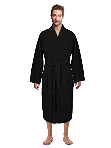 Premium Turkish Cotton Waffle Weave Lightweight Kimono Spa, Black, Size XX-Large - Thumbnail 2