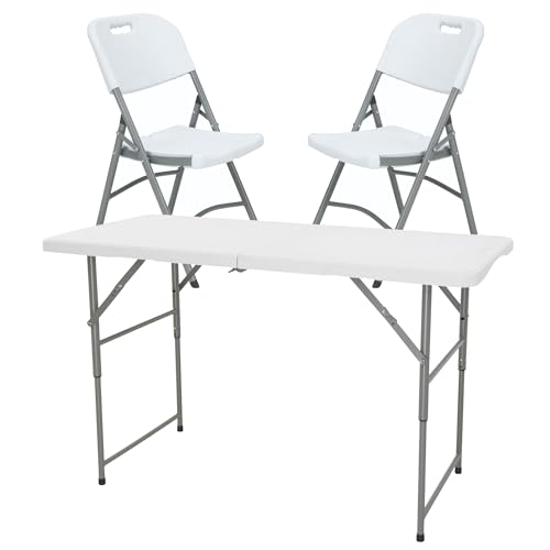 Table Pliante de Hauteur réglable 122 x 60 x 50-74 cm, et Set de 2 chaises Pliantes 51 x 45 x 85,5 cm, idéal pour l'extérieur