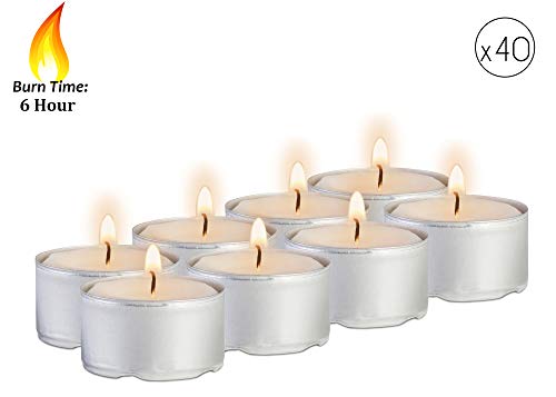 6 Hour Tea Light Candles - 40 Pack Bulk Package - White Unscented Travel, Centerpiece, Decorative Candle With Maxi Burn Time - Pressed Wax - By Ner Mitzvah