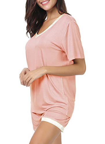 Invug Women Short Sleeve T Shirt and Shorts Pajamas Sleepwear Set Loungewear Pink L - Thumbnail 6