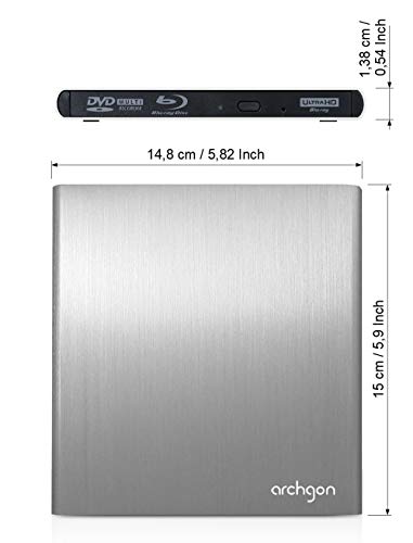 Archgon Style UHD 4K-Ultra HD BD Reproductor Player Externo, grabadora de BLU-Ray BDXL para PC USB 3.0, M-Disc, Aluminio Plateado