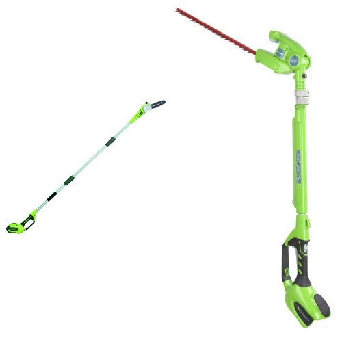 Greenworks 8.5' 40V Cordless Pole Saw, 2.0 AH Battery Included 20672 with  7.25' 40V Cordless, Battery Not Included 22342 Pole Hedge Trimmer, Electric Lime