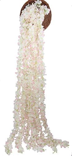 Lannu 32.5 FT Artificial Hydrangea Vines Flowes Fake Wisteria Garland Flower Cattleya Plants for Home Wedding Arch Garden Wall Decor, Pack of 5 (Cream Pink)
