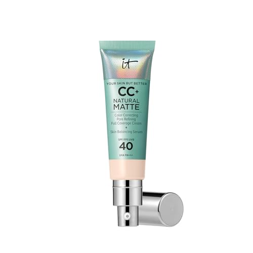 IT Cosmetics Full Coverage Foundation, Natural Matte, Made with Hyaluronic Acid, SPF 40 Protection, Your Skin But Better CC+, Shade: Fair Porcelain, 32ml