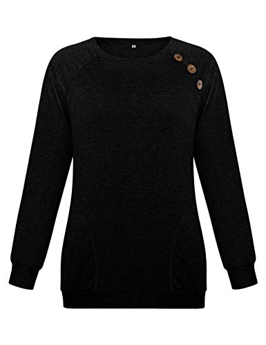 Womens Button Long Sleeve Tops Casual Blouses T-Shirt Round Neck Pockets Top Black L - Thumbnail 4