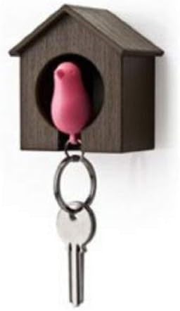 Birdhouse Key Ring - Brown House with Pink Bird
