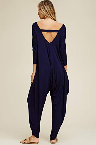 Annabelle Women's Solid Harem Pant Long Sleeve Jumpsuits Navy Small J8002
