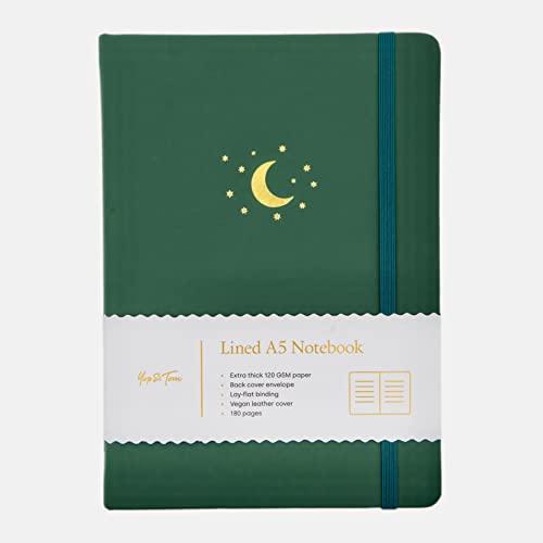 Yop & Tom Hardback Lined Notebook A5 - Moon and Star Journal in Vegan Leather Hardcover - Medium Ruled - 180 pages - Lies Flat - with Back-Page Envelope - Forest Green