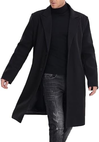COOFANDY Mens Casual Trench Coat Black Single Breasted Long