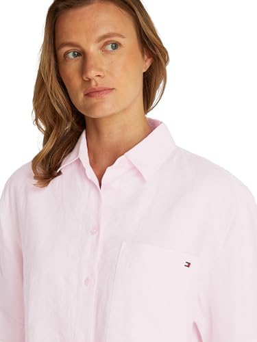 Linho Relaxado Camisa de Manga Curta Feminina, Rosa (Rosa Claro), 32
