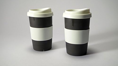 a pair of ceramic handmade to-go/travel cups for home, car or coffee shop use. Silicone lid and cuff, porcelain body. dishwasher proof. 12-14 oz. (2 cups) (Solid black)