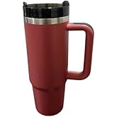 Stainless Steel Travel Mug, 40oz Vacuum Insulated Tumbler with Handle, Straw, BPA-free Lid, Maroon. Keeps drinks hot/cold for 12hrs. Perfect for coffee lovers, road trippers, or anyone.